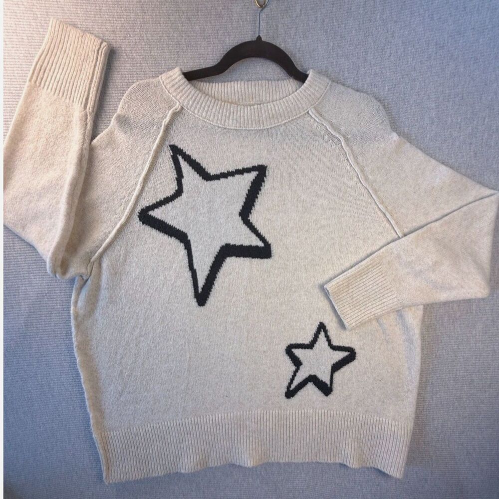 Aerie Star Knit Oversized Sweater Women Cream Black Slouchy Cozy Pullover